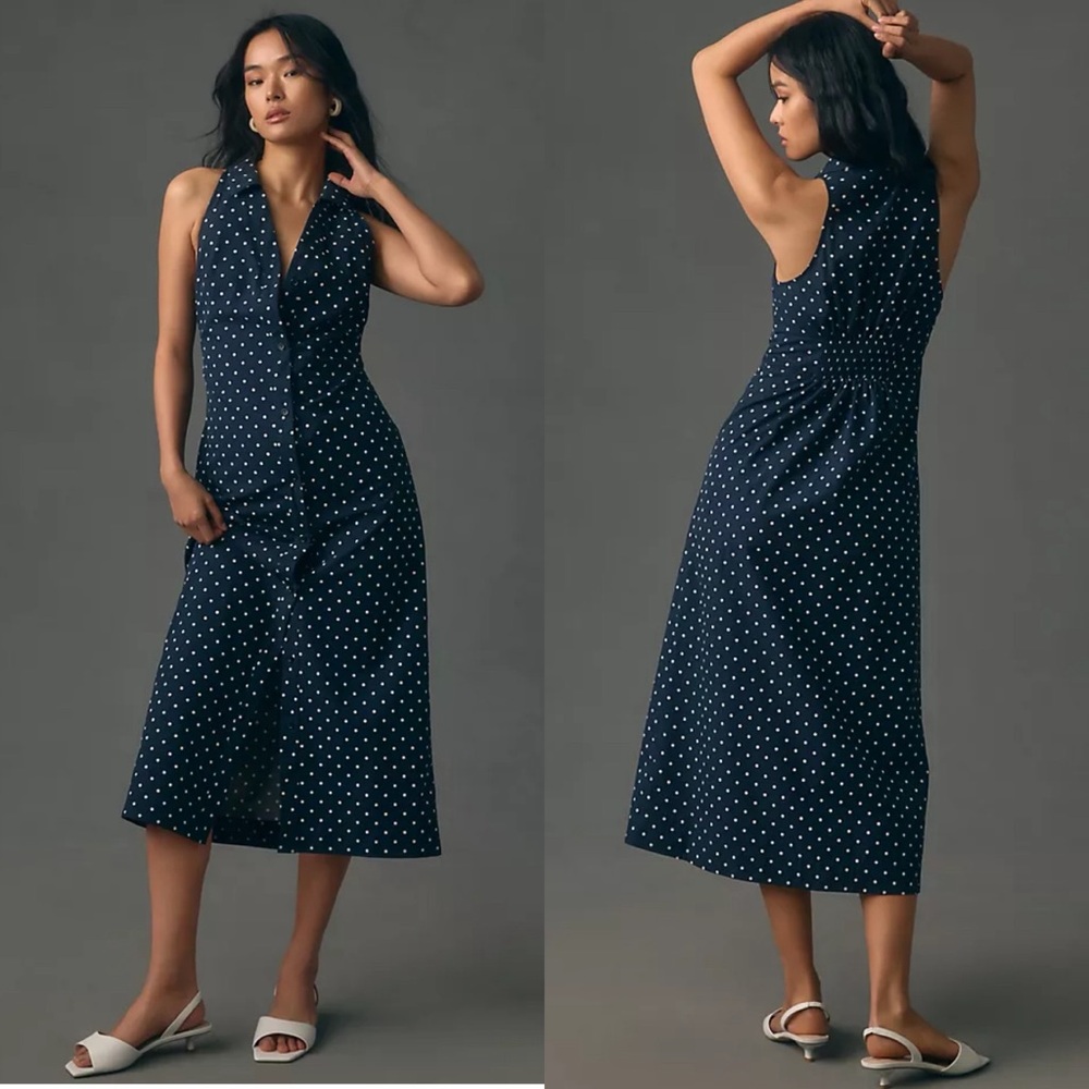 Anthropologie Navy Polka Dot Midi Dress